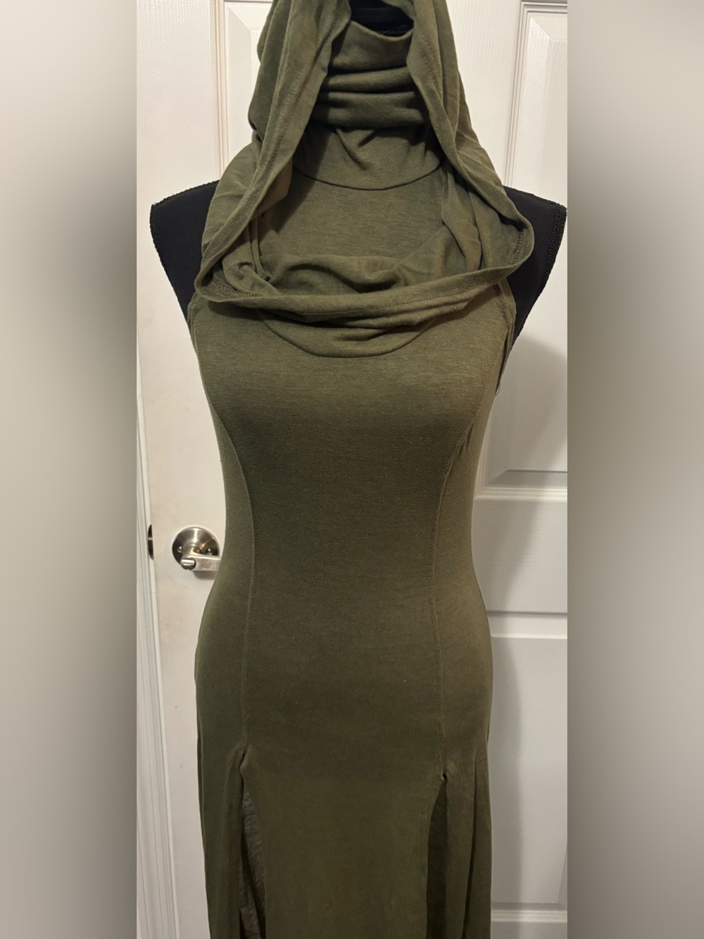 Dolls Kill / Darker Wavs Green Echo Hooded Slit Maxi Dress - Picture 5 of 8
